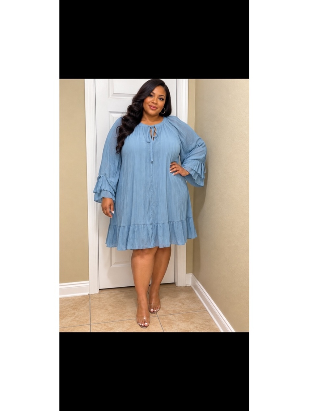 Light Blue Plus Size Ruffle Sleeve Dress